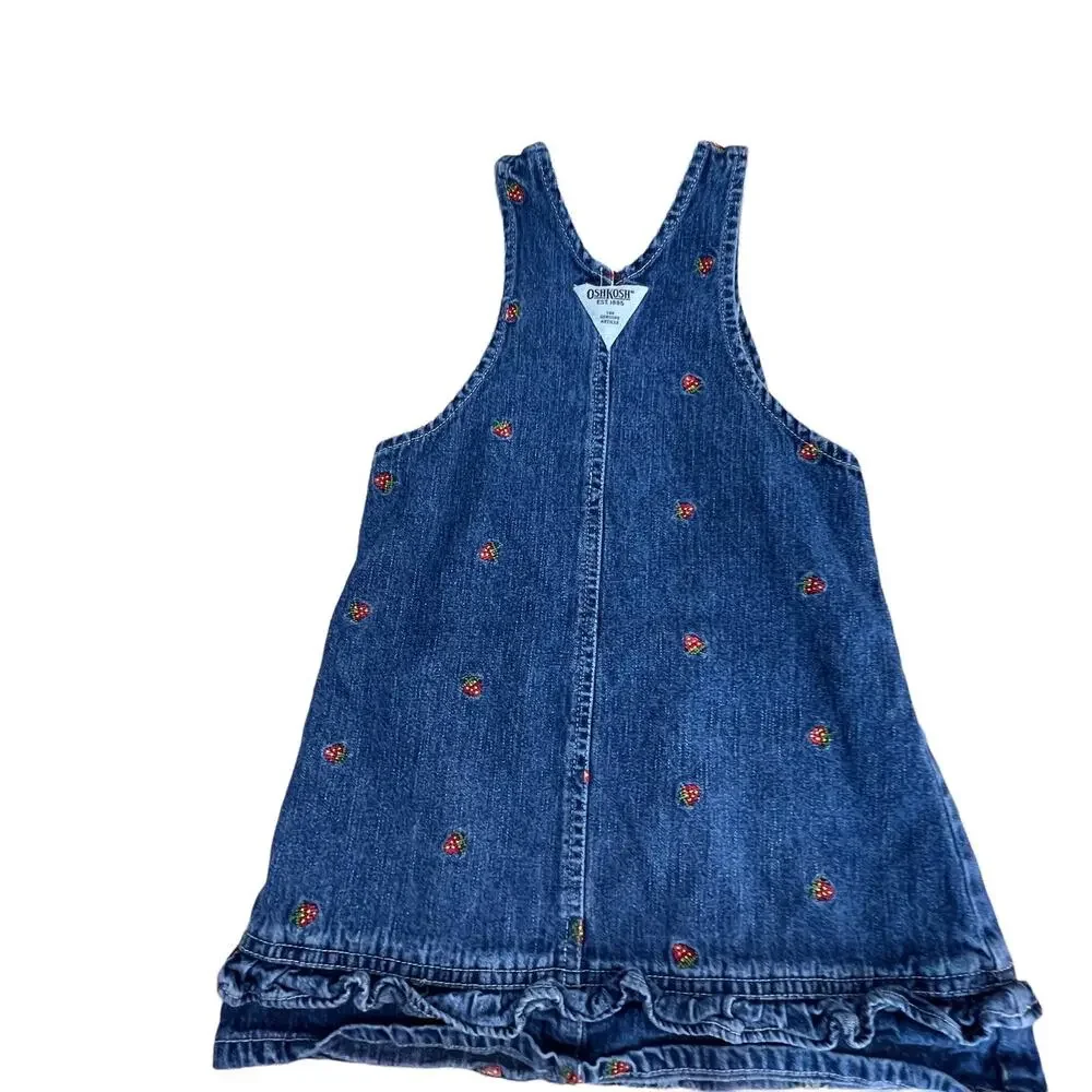 Vintage Osh Kosh Denim Girls‎ Overall Dress Embroidered Strawberries Sz 6